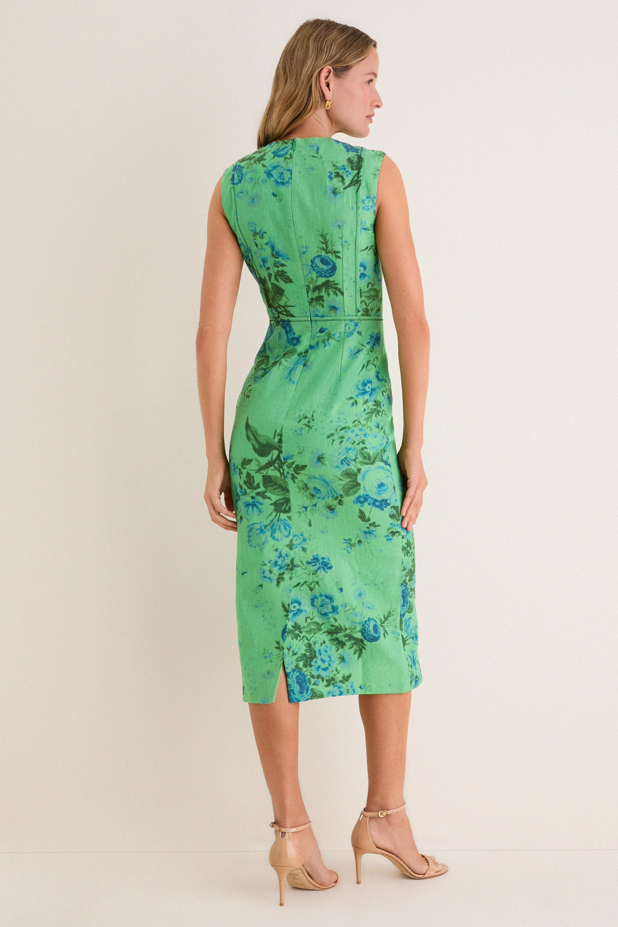 Rose Bouquet Sea Green Floral Print Linen Pencil Midi Dress | ERDEM Rose Bouquet Sea Green Floral Print Linen Pencil Midi Dress | ERDEM