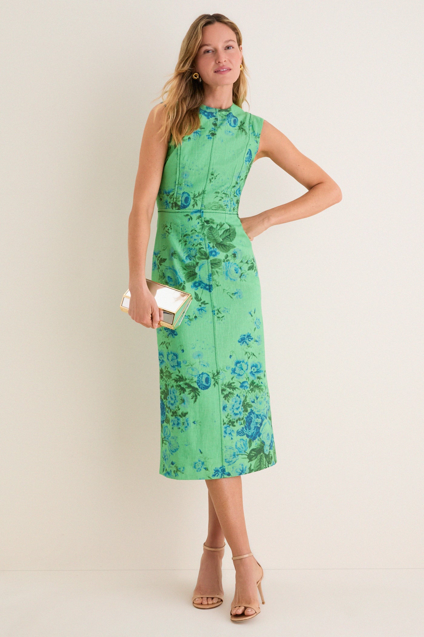 Rose Bouquet Sea Green Floral Print Linen Pencil Midi Dress | ERDEM Rose Bouquet Sea Green Floral Print Linen Pencil Midi Dress | ERDEM