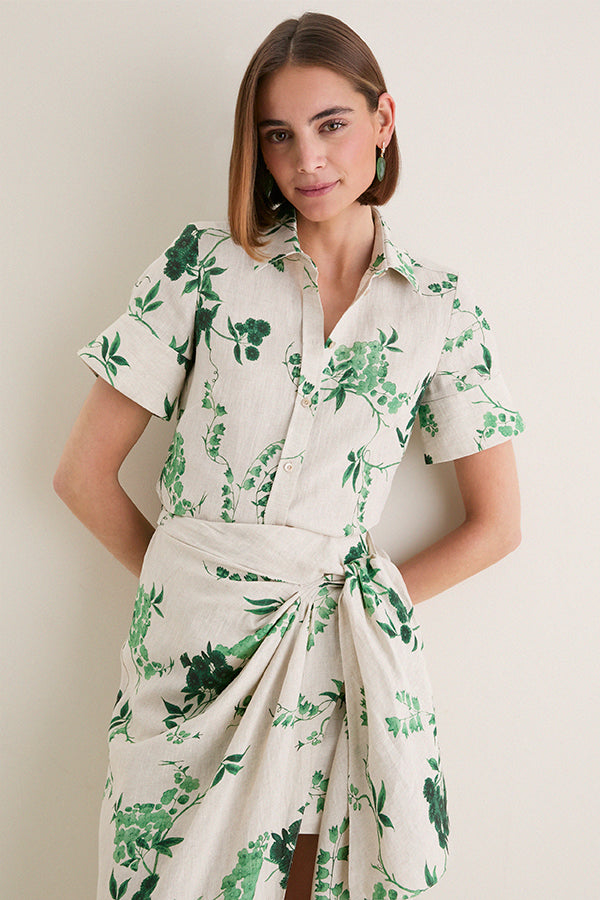 French Chintz Bottle Green Floral Print Linen Short Sleeve Shirt | ERDEM
