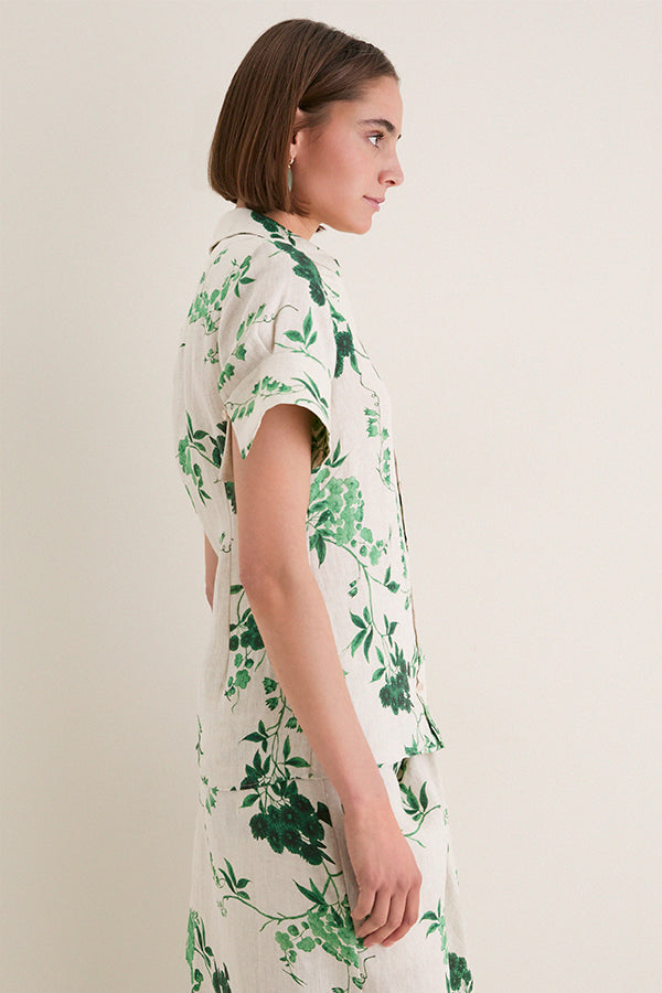 French Chintz Bottle Green Floral Print Linen Short Sleeve Shirt
