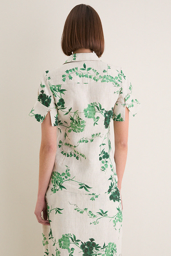 French Chintz Bottle Green Floral Print Linen Short Sleeve Shirt