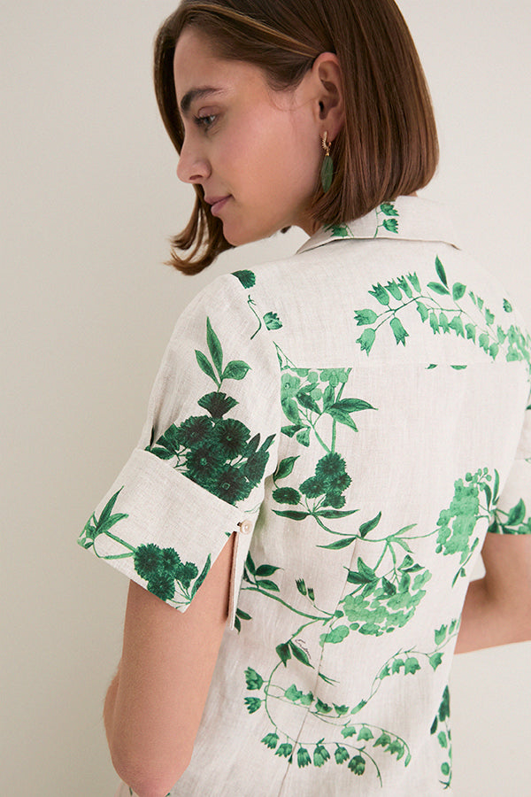 French Chintz Bottle Green Floral Print Linen Short Sleeve Shirt