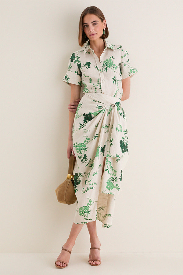 French Chintz Bottle Green Floral Print Linen Short Sleeve Shirt