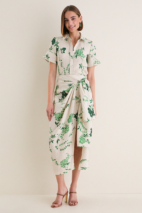 French Chintz Bottle Green Floral Print Linen Short Sleeve Shirt