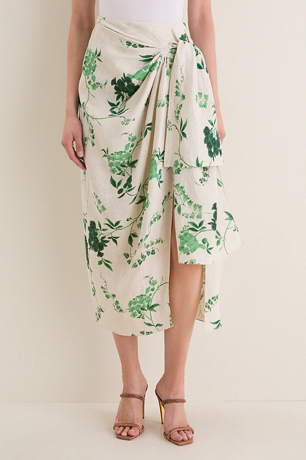 French Chintz Bottle Green Floral Print Linen Drape Midi Skirt