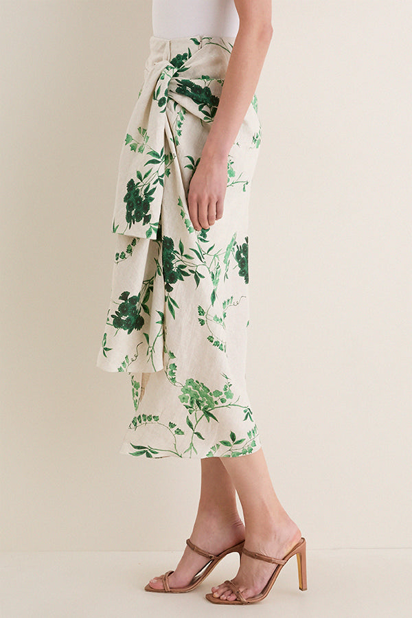 French Chintz Bottle Green Floral Print Linen Drape Midi Skirt