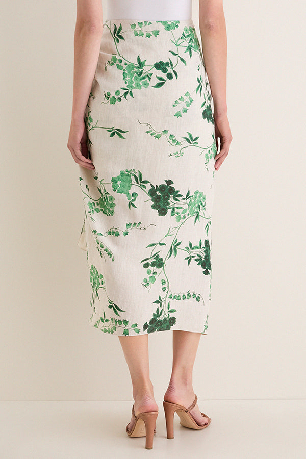 French Chintz Bottle Green Floral Print Linen Drape Midi Skirt