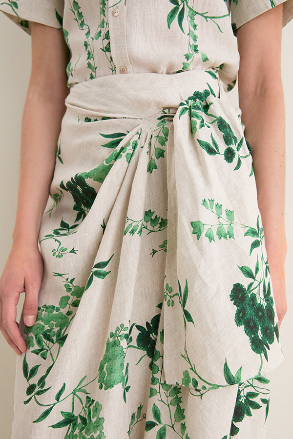French Chintz Bottle Green Floral Print Linen Drape Midi Skirt