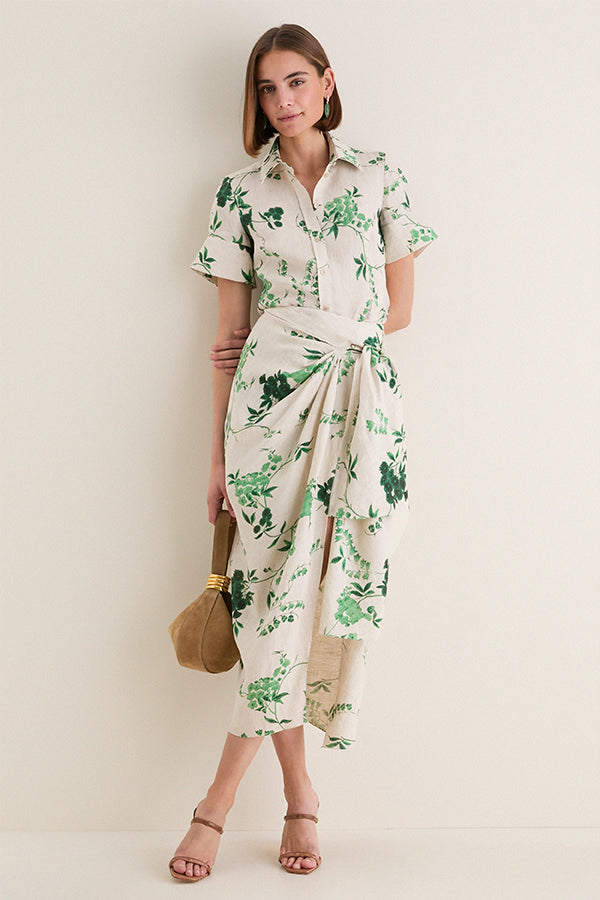 French Chintz Bottle Green Floral Print Linen Drape Midi Skirt