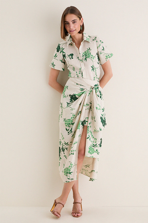 French Chintz Bottle Green Floral Print Linen Drape Midi Skirt