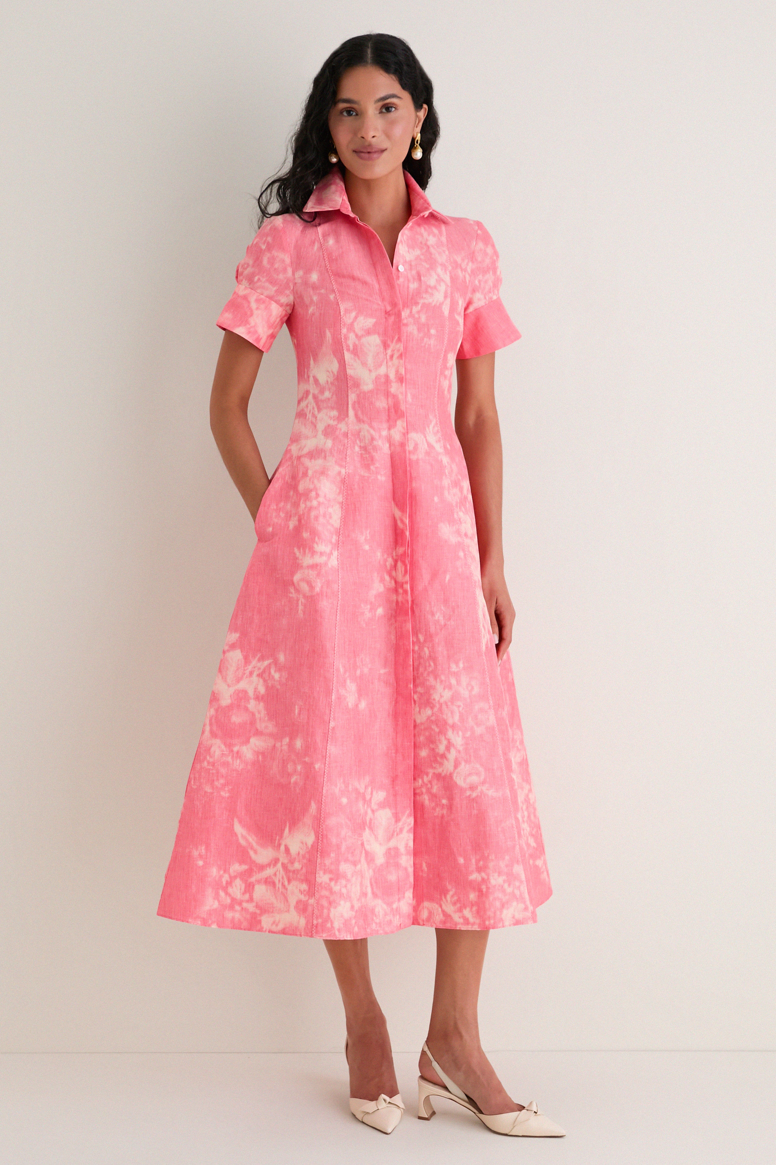 Rose Bouquet Blossom Pink Floral Print Linen Chine Midi Shirt