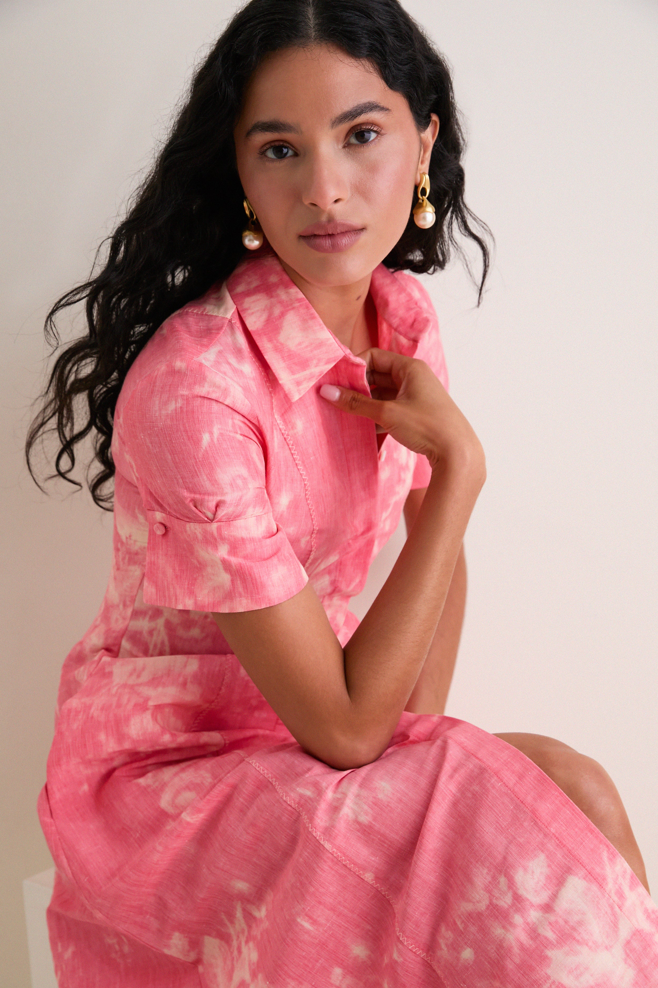 Rose Bouquet Blossom Pink Floral Print Linen Chine Midi Shirt