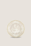 Oriente Italiano Meringa Dinner Plate: A classic, high-end porcelain dish with gold-trimmed scalloped edges, featuring effortless white floral motifs for fun, elegant dining experiences.