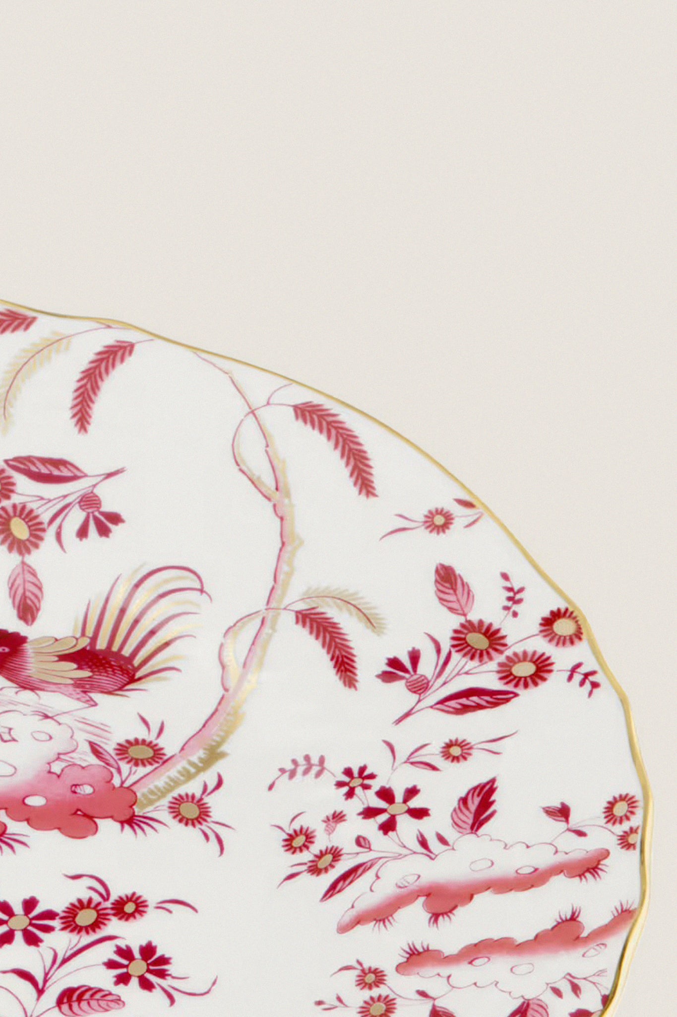 Oro Di Doccia Magenta Salad Plate, classic and high-end, features an effortless hand-painted red floral and rooster motif, gold-trimmed scalloped edge, embodying fun elegance.