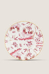 Oro Di Doccia Magenta Salad Plate showcases a classic, effortless chinoiserie motif with roosters and blossoms, gold-trimmed edge, embodying high-end Italian craftsmanship and fun elegance.