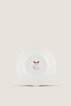 Classic Oro Di Doccia Magenta Dinner Plate, featuring a central red crest decal with Ji Ondori roosters and gold trim, exudes effortless, high-end elegance.