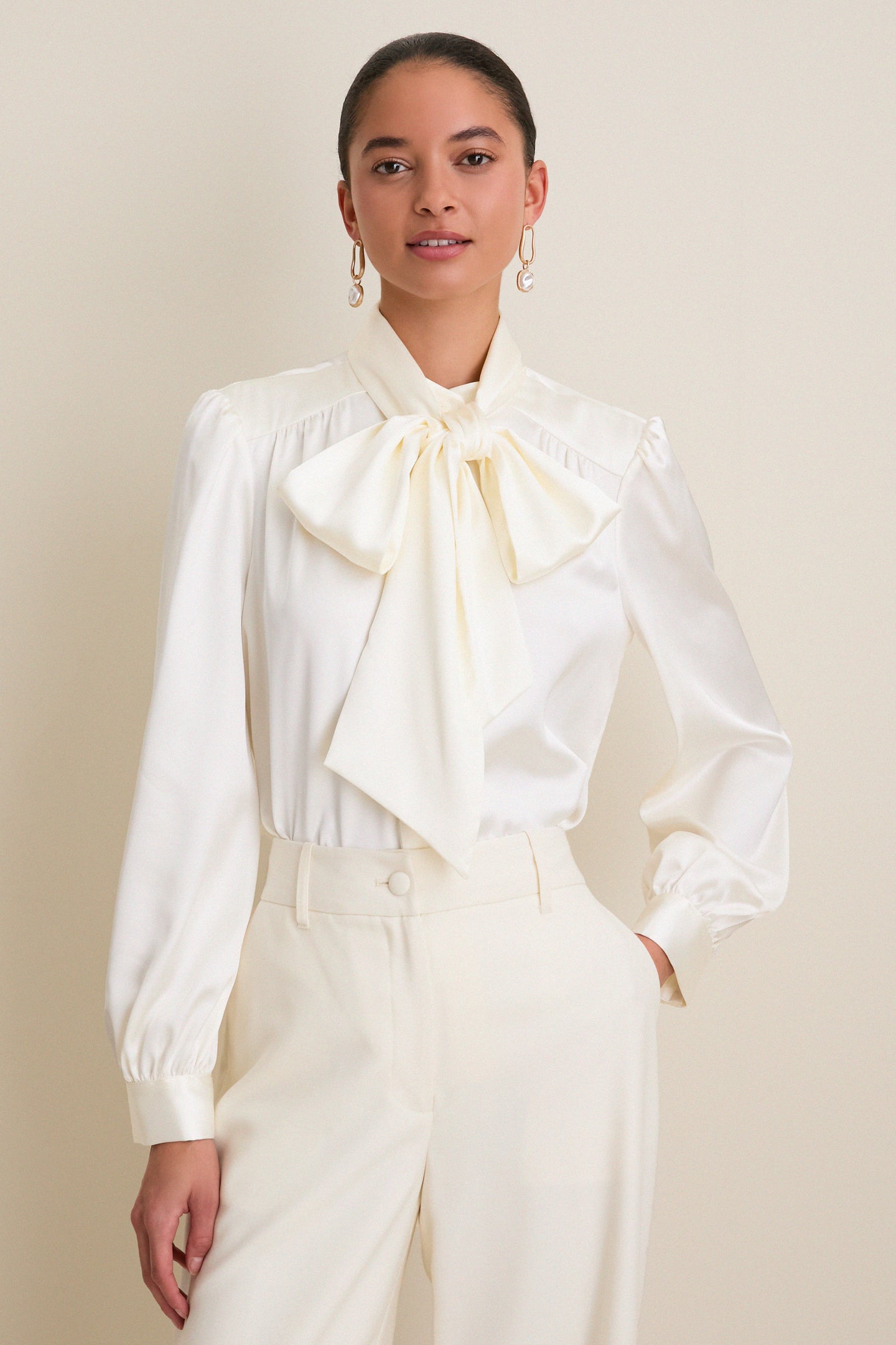 White Satin Brianna Bow Blouse