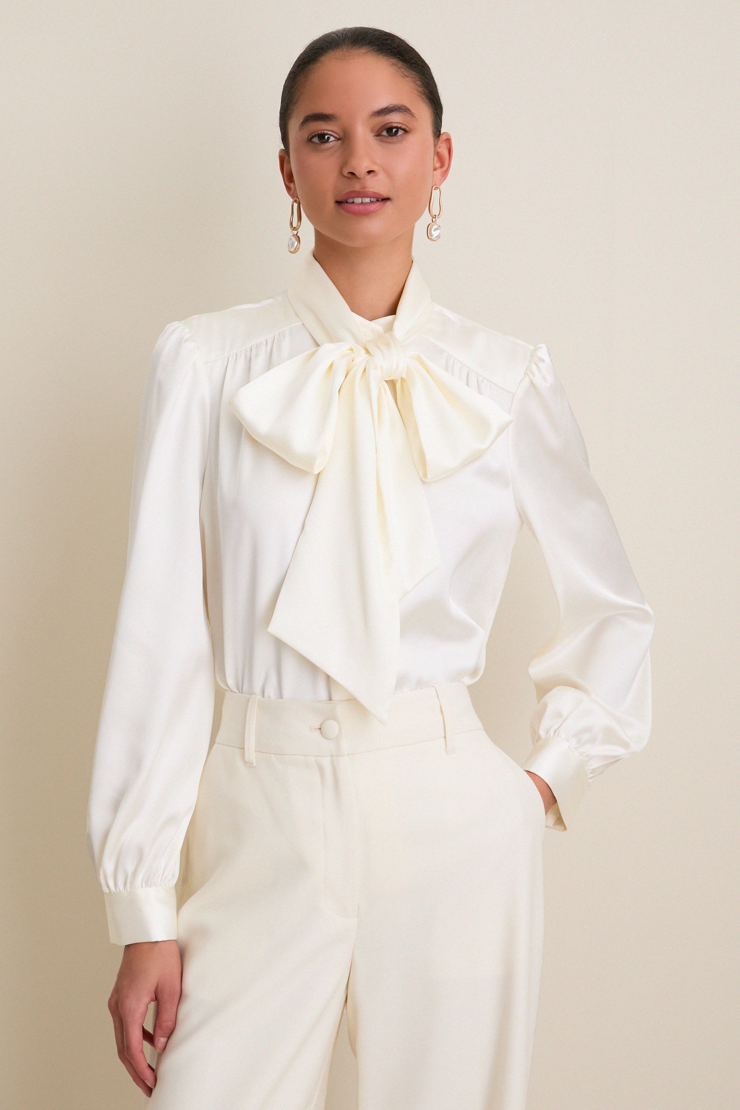 White Satin Brianna Bow Blouse