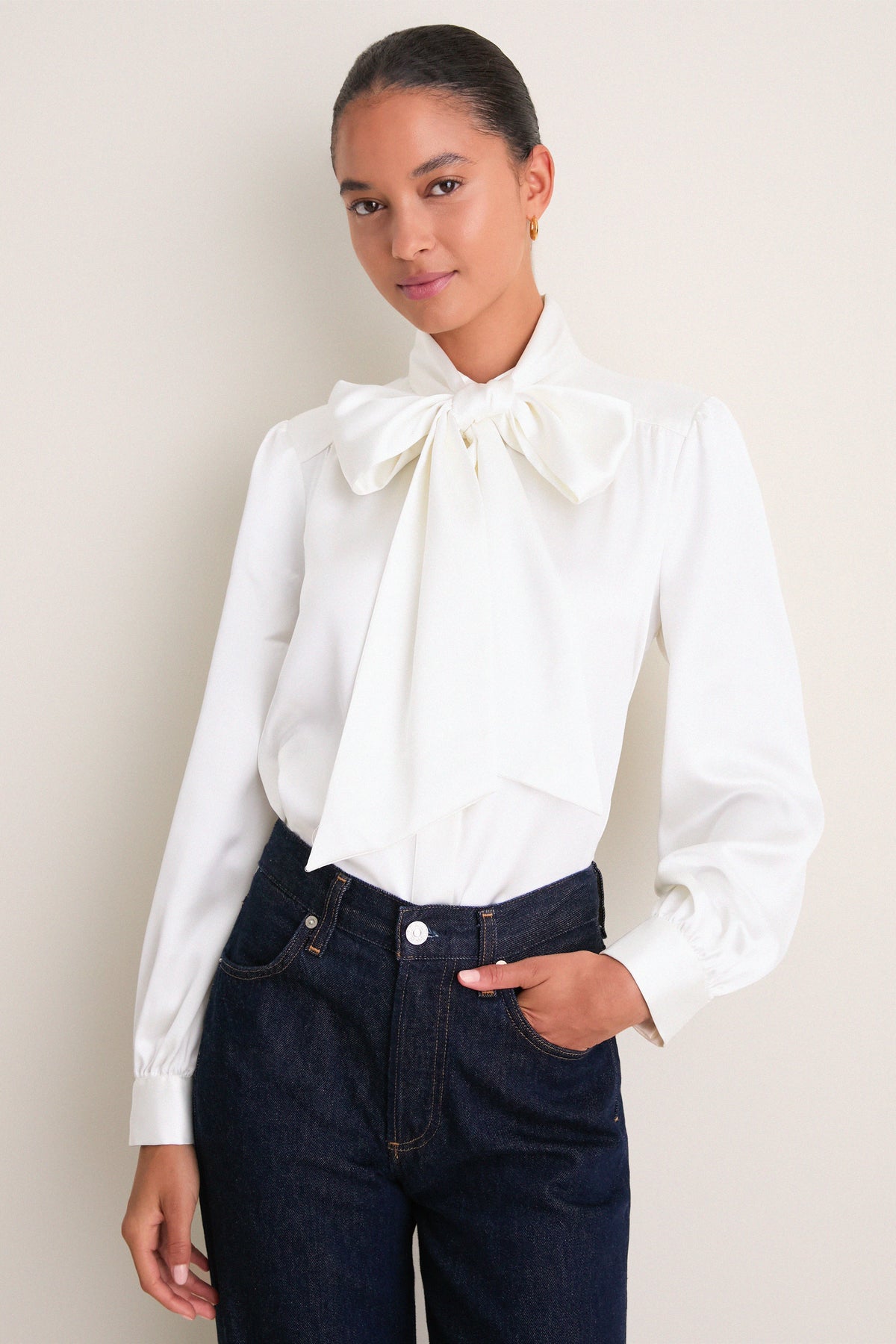 White Satin Brianna Bow Blouse