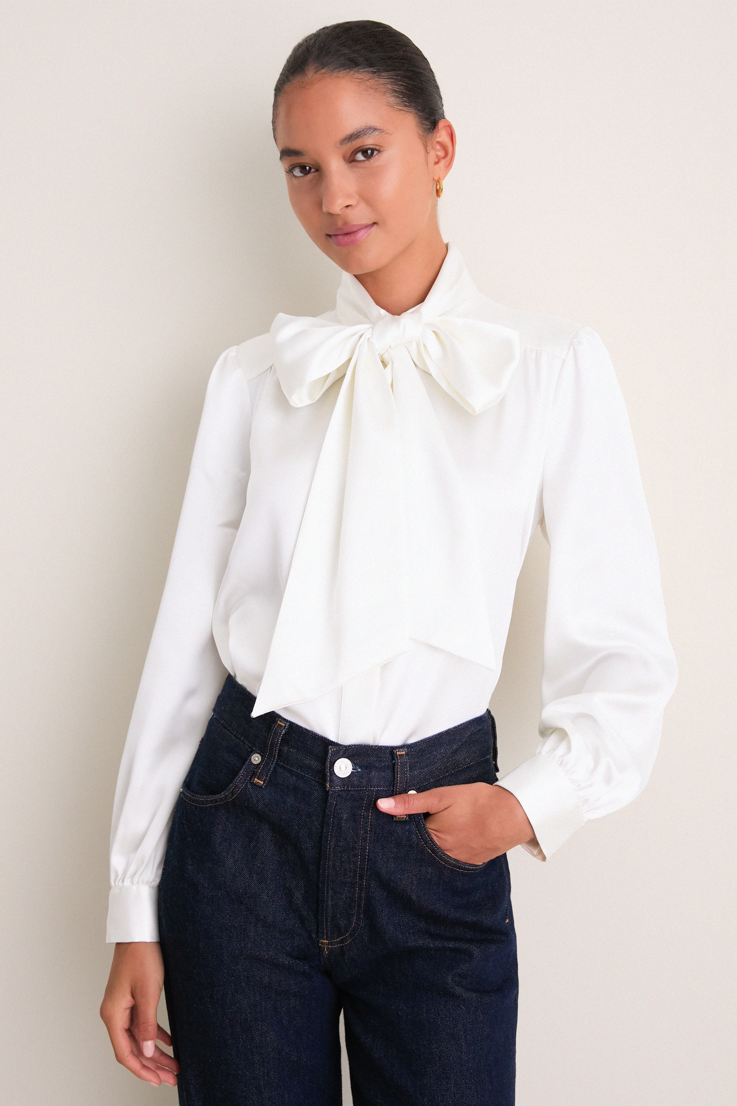 White Satin Brianna Bow Blouse