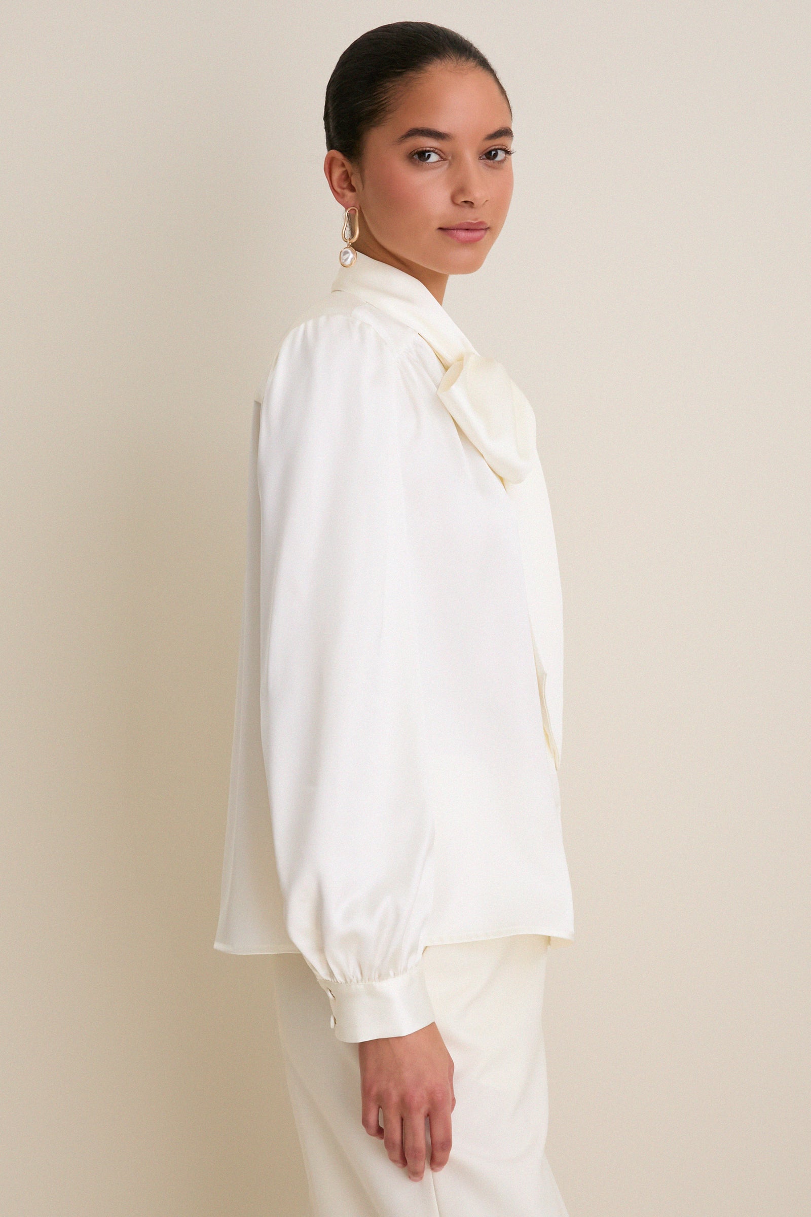 White Satin Brianna Bow Blouse