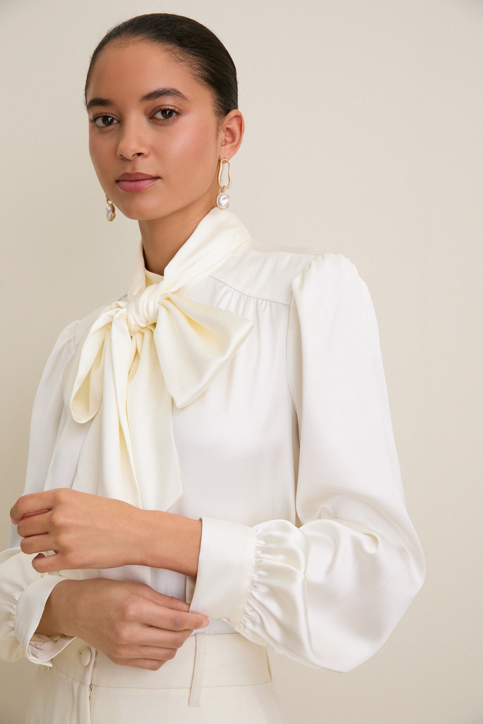 White Satin Brianna Bow Blouse