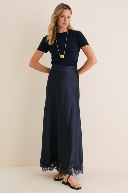 Navy Satin Mischa Slip Skirt