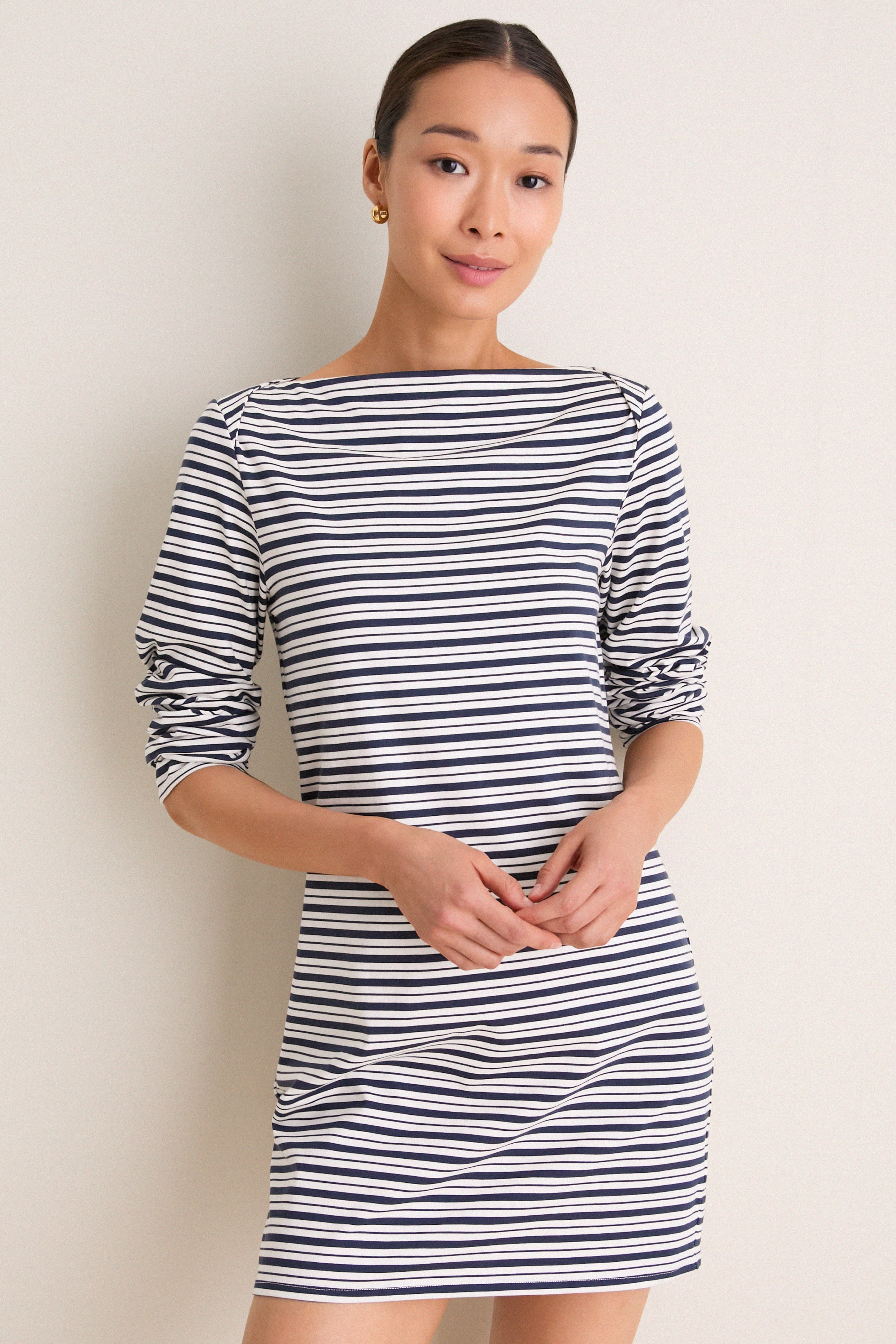 Navy Stripe Boatneck Tuzzi Mini Dress