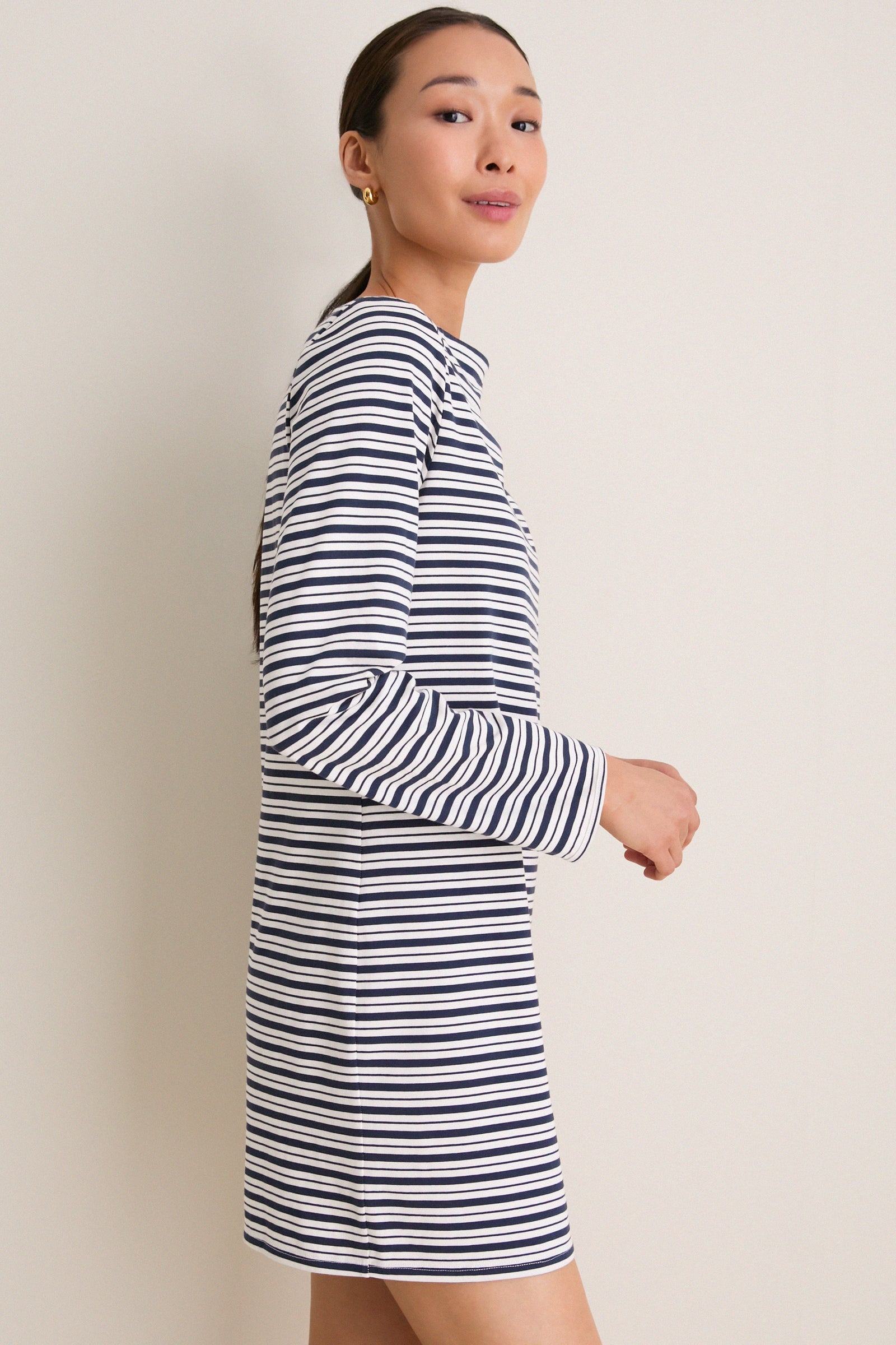 Navy Stripe Boatneck Tuzzi Mini Dress