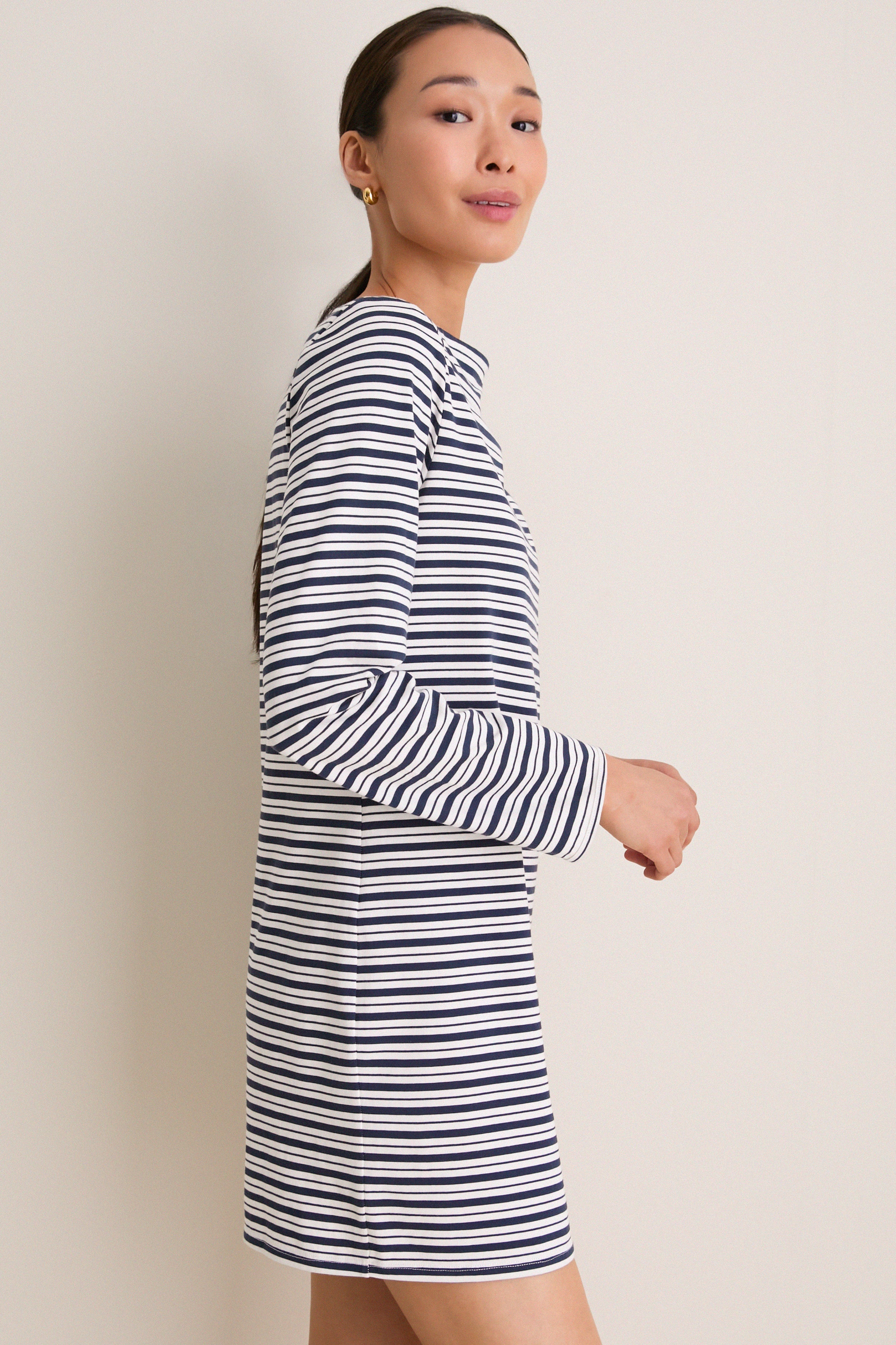 Navy Stripe Boatneck Tuzzi Mini Dress