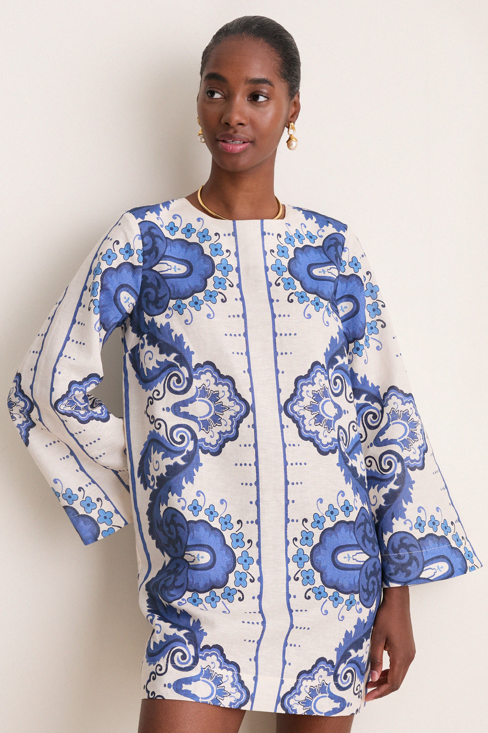 Ultramarine Medallion Cotton Linen Linden Mini Dress