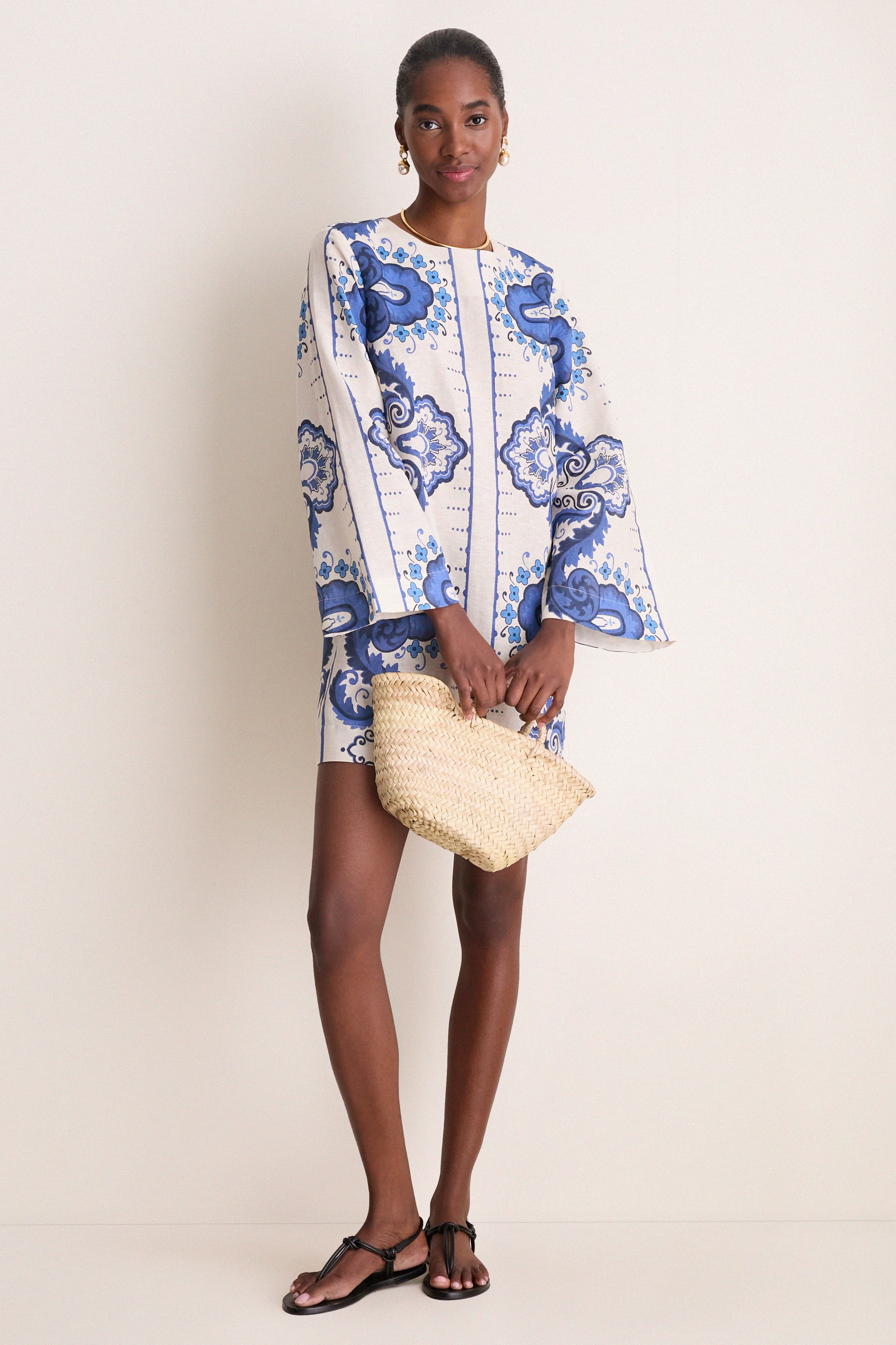 Ultramarine Medallion Cotton Linen Linden Mini Dress