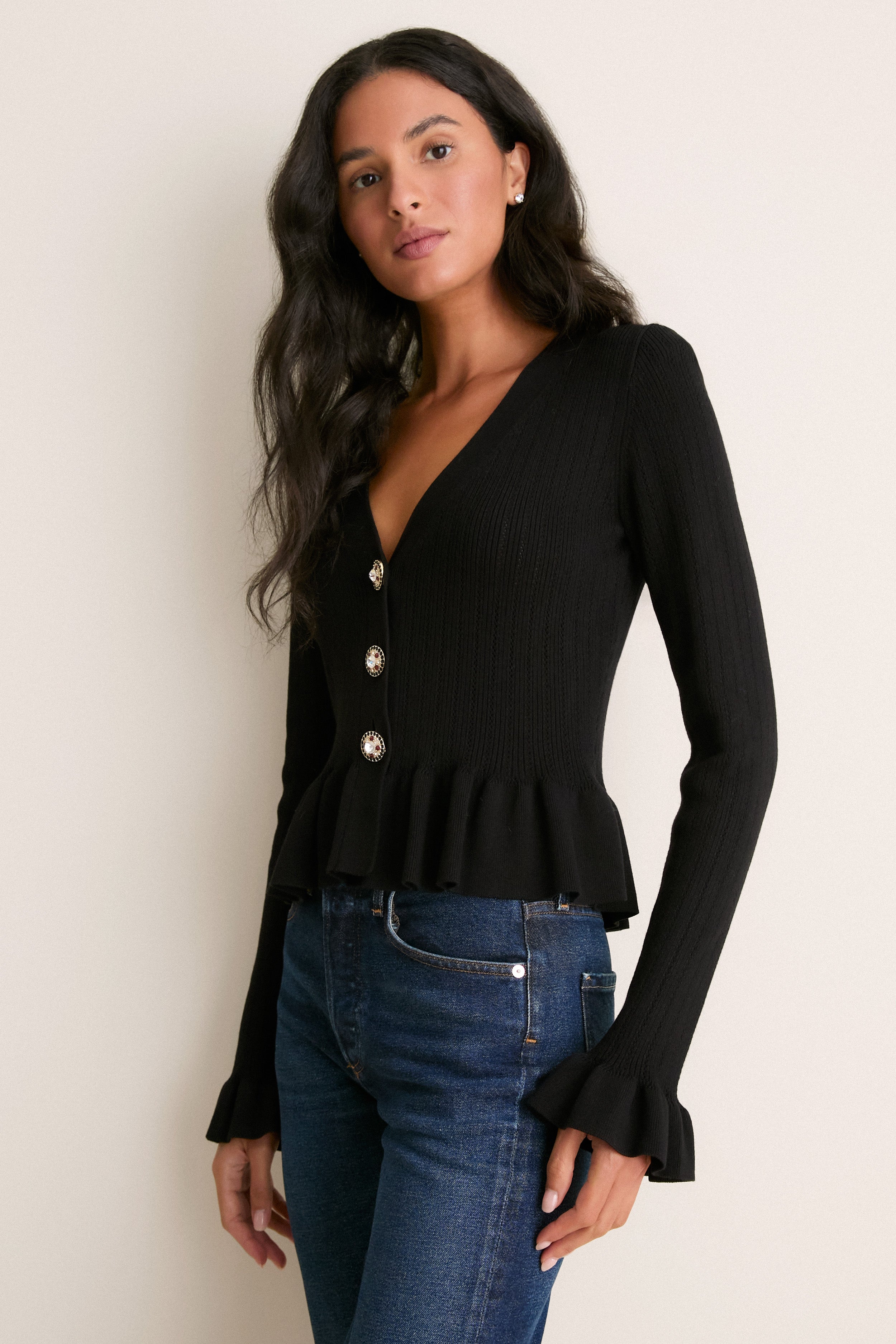 極美品 エンフォルド WAVE CARDIGAN フリンジ ブラック 38 Black Bejeweled Button Sylvia Cardigan | English Factory