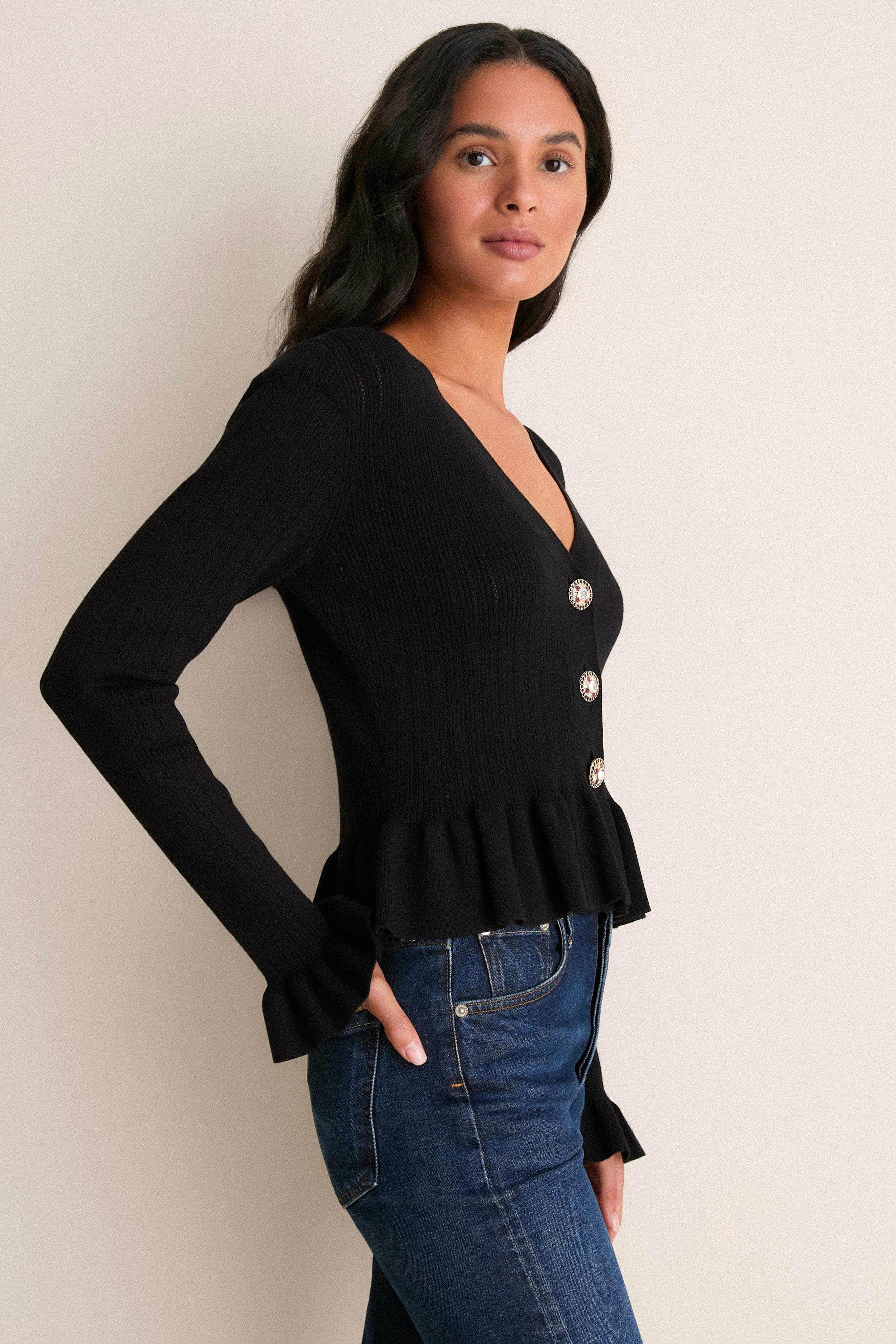 Black Bejeweled Button Sylvia Cardigan