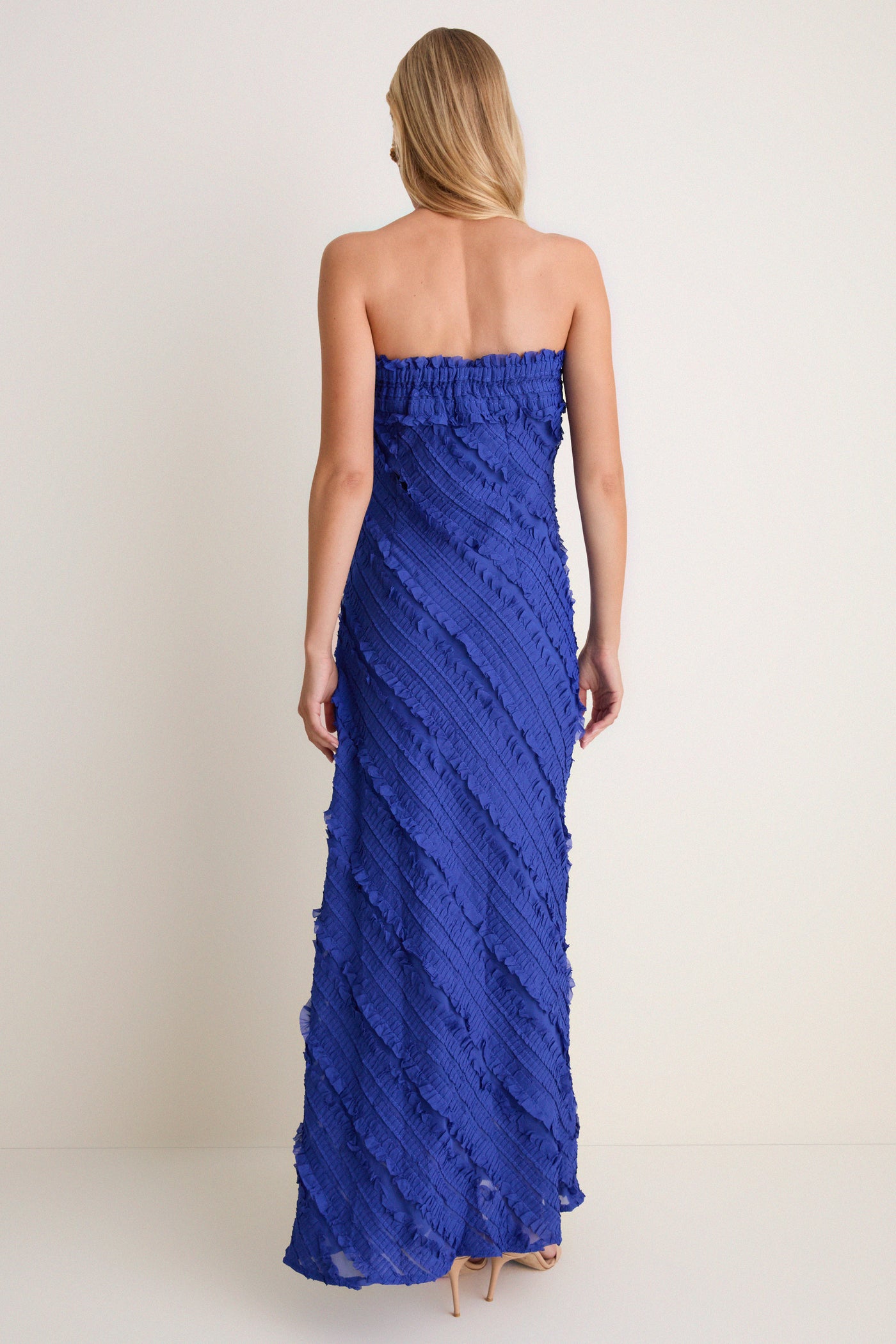 cobalt blue formal dress Wyatt Slinky And Mesh Maxi - 100% silk Cobalt Blue Satin Pleated Tiered