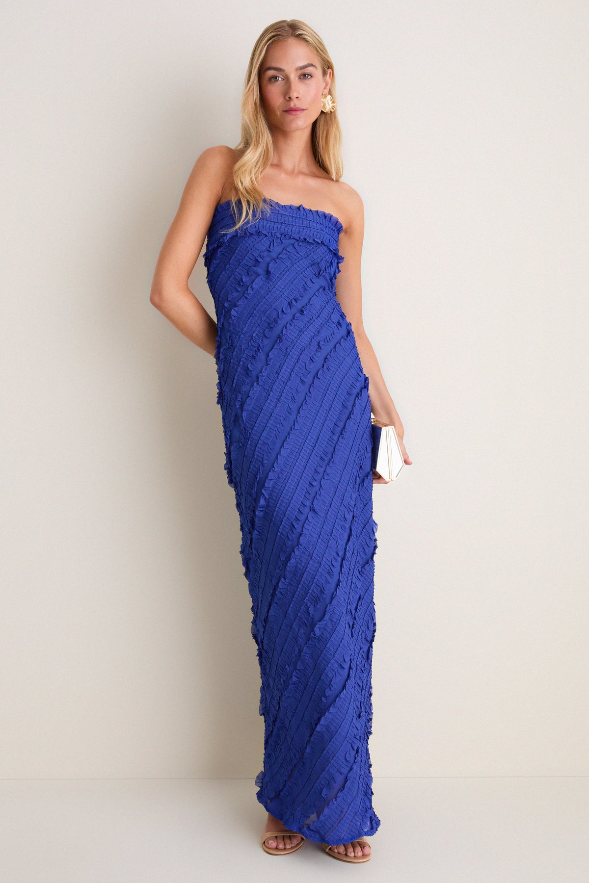 cobalt blue dress for women Moment Maker Square Neck Trumpet Midi Style# UJ990130 Cobalt Blue Textured Carrie Strapless
