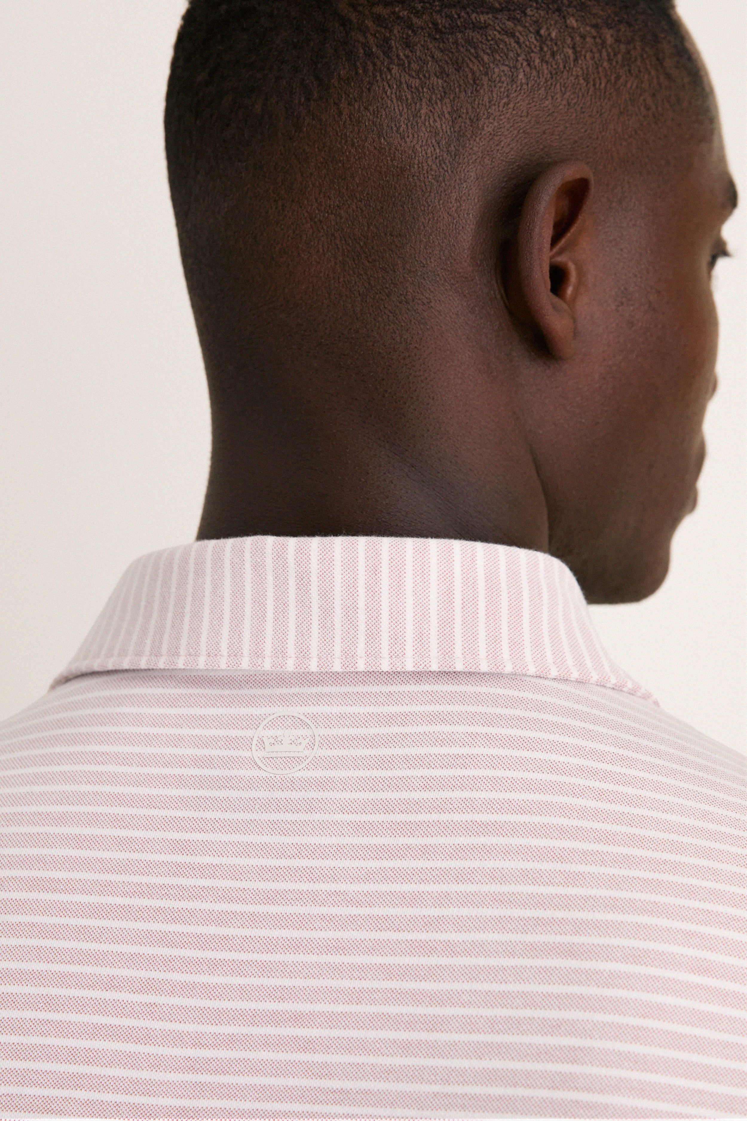 Faded Scarlet Stripe Albatross Cotton Blend Pique Polo with classic stripes, effortless style, and high-end craftsmanship, featuring a small back emblem and spread collar.
