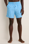 Classic Crystal Sea Coronado Swim Trunk in light-blue with geometric motif, featuring elastic drawstring waist, side pockets, and high-end, quick-drying fabric for effortless, fun style.