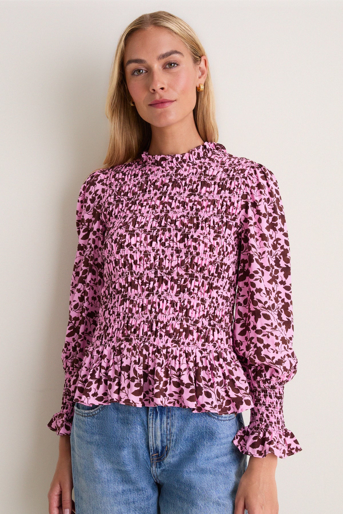 Pink & Brown Floral Smocked Cynthia Blouse