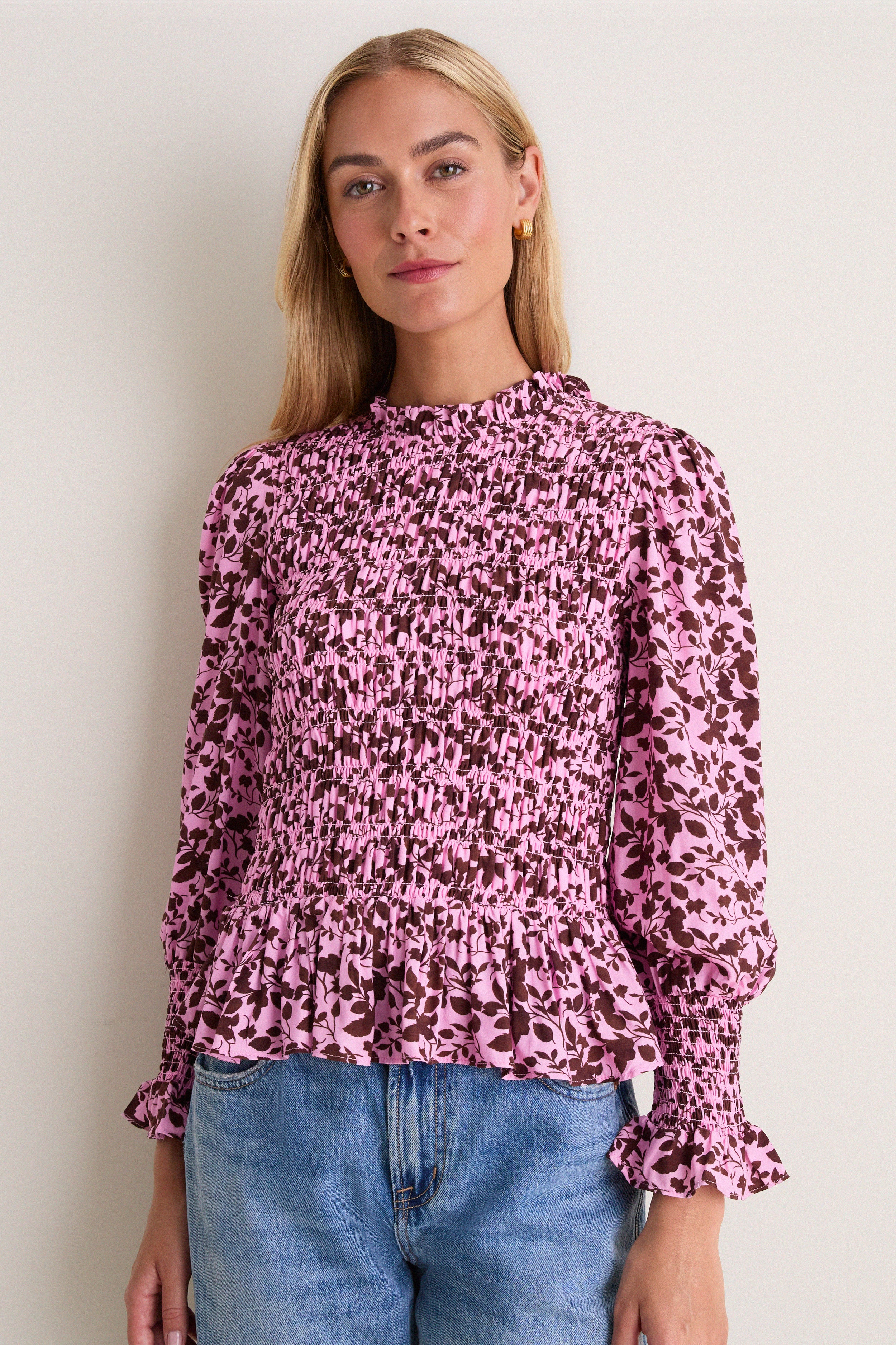 Pink & Brown Floral Smocked Cynthia Blouse