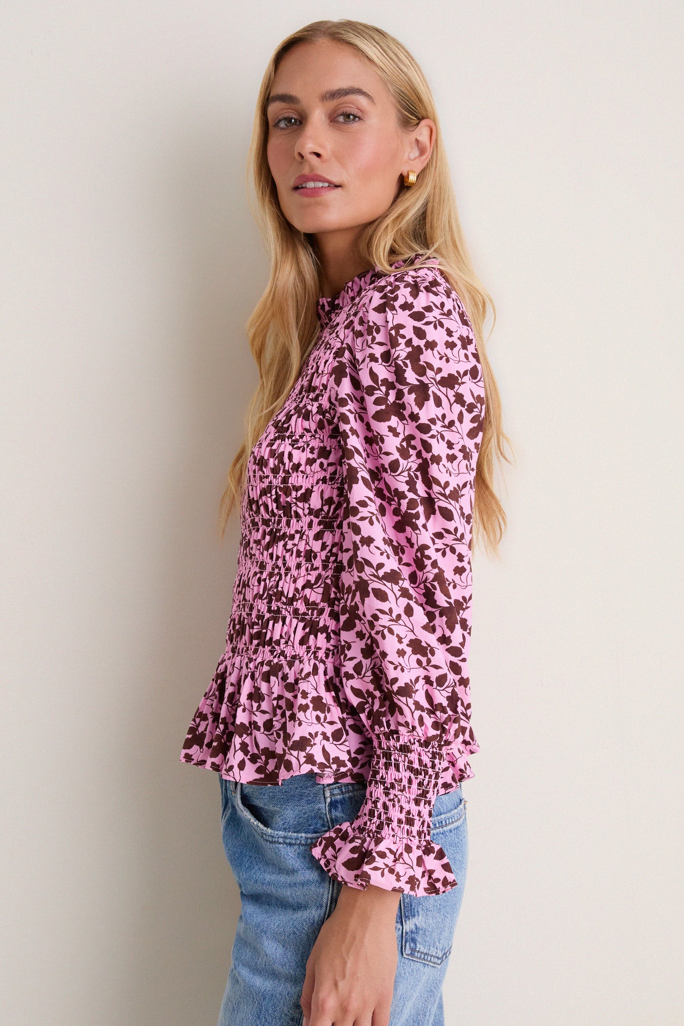 Pink & Brown Floral Smocked Cynthia Blouse