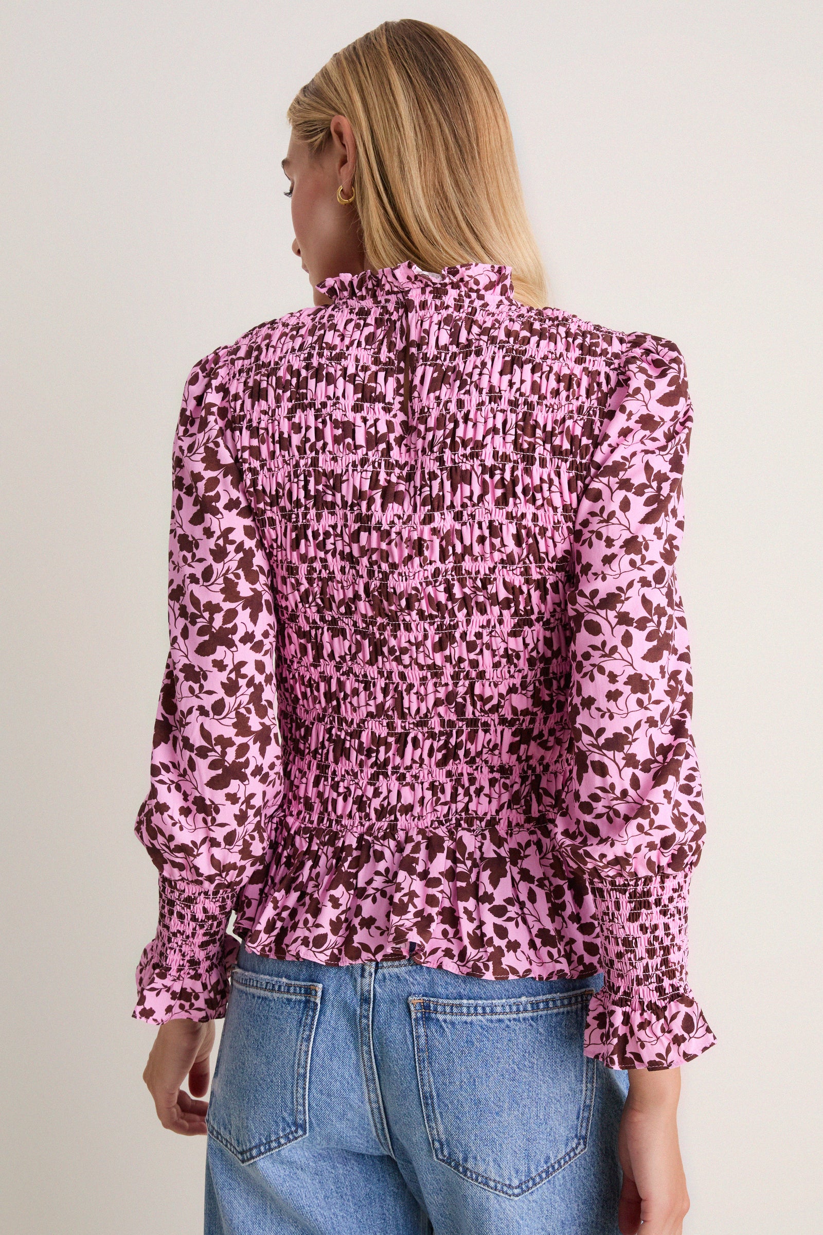 Pink & Brown Floral Smocked Cynthia Blouse