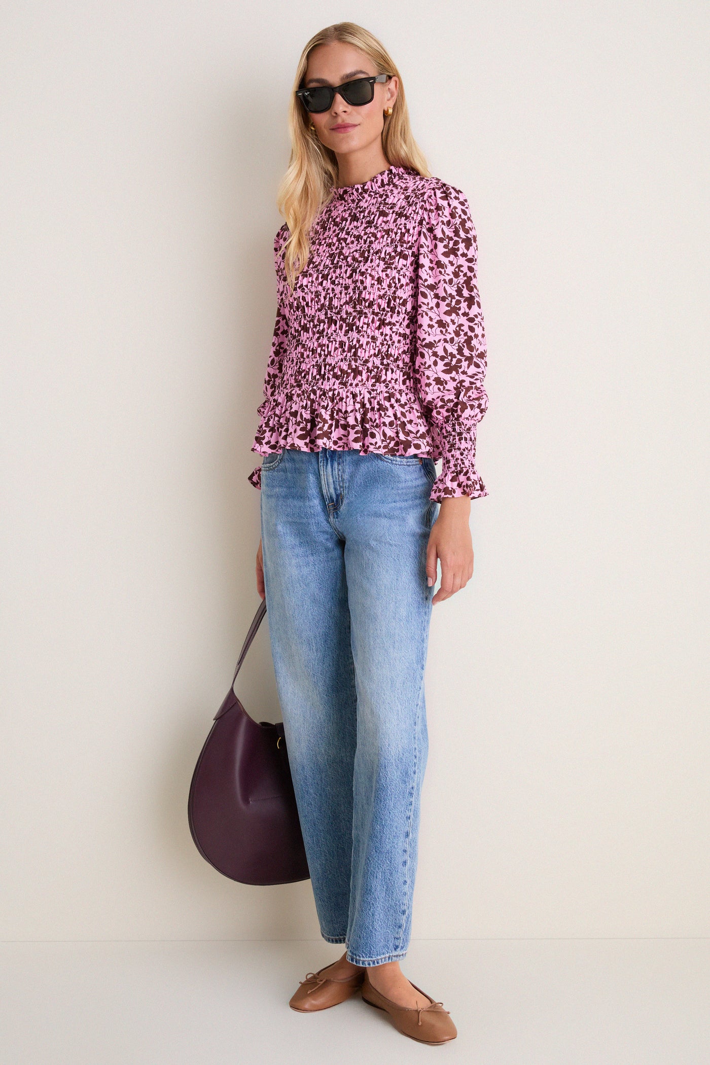 Pink & Brown Floral Smocked Cynthia Blouse