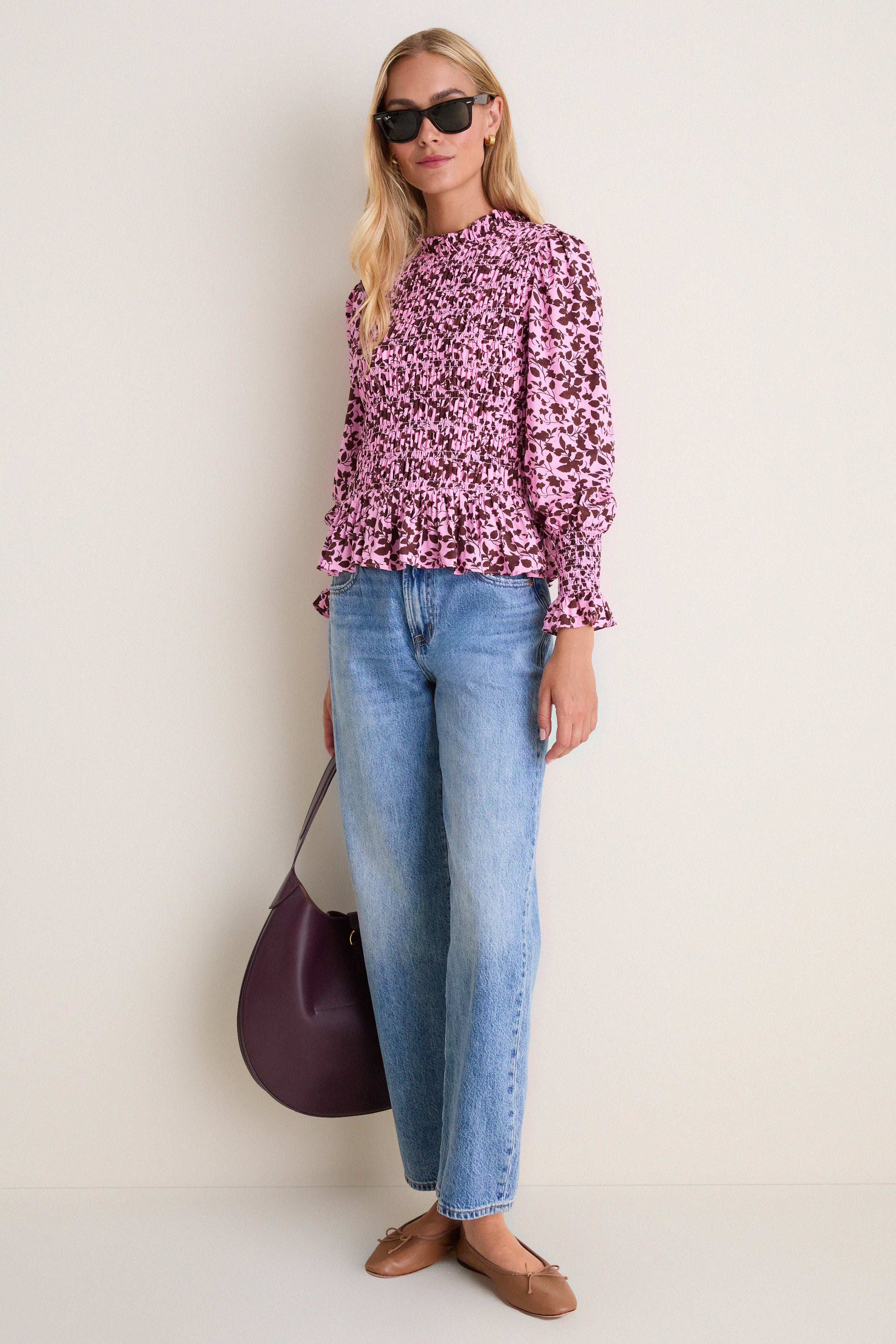 Pink & Brown Floral Smocked Cynthia Blouse