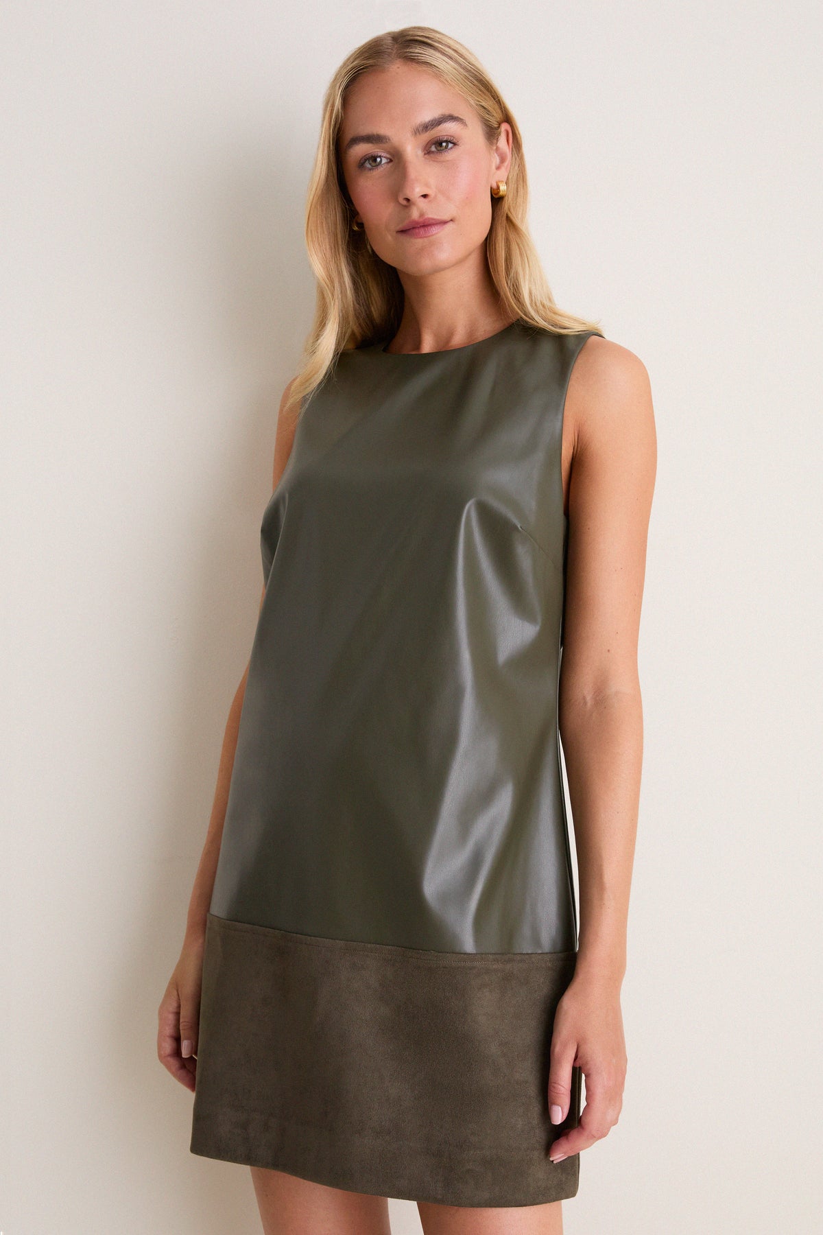 Olive Suede & Leather Mixed Media Martie Mini Dress