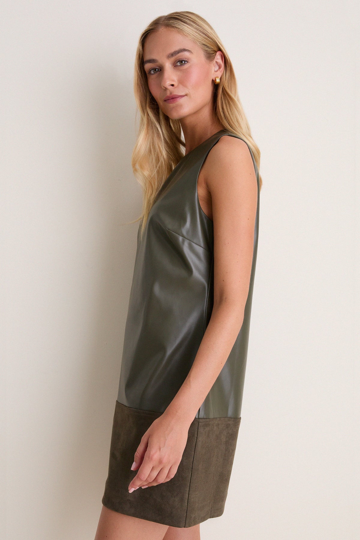 Olive Suede & Leather Mixed Media Martie Mini Dress