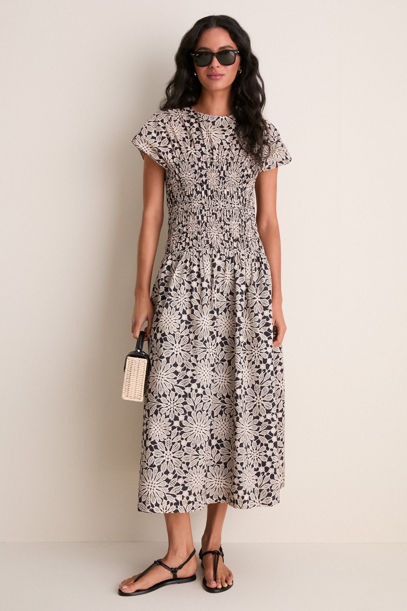Hyacinth House Black & Tan Printed Floral Smocked Rollins Midi Dress Black & Tan Printed Floral / XS