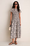 Black & Tan Printed Floral Smocked Rollins Midi Dress