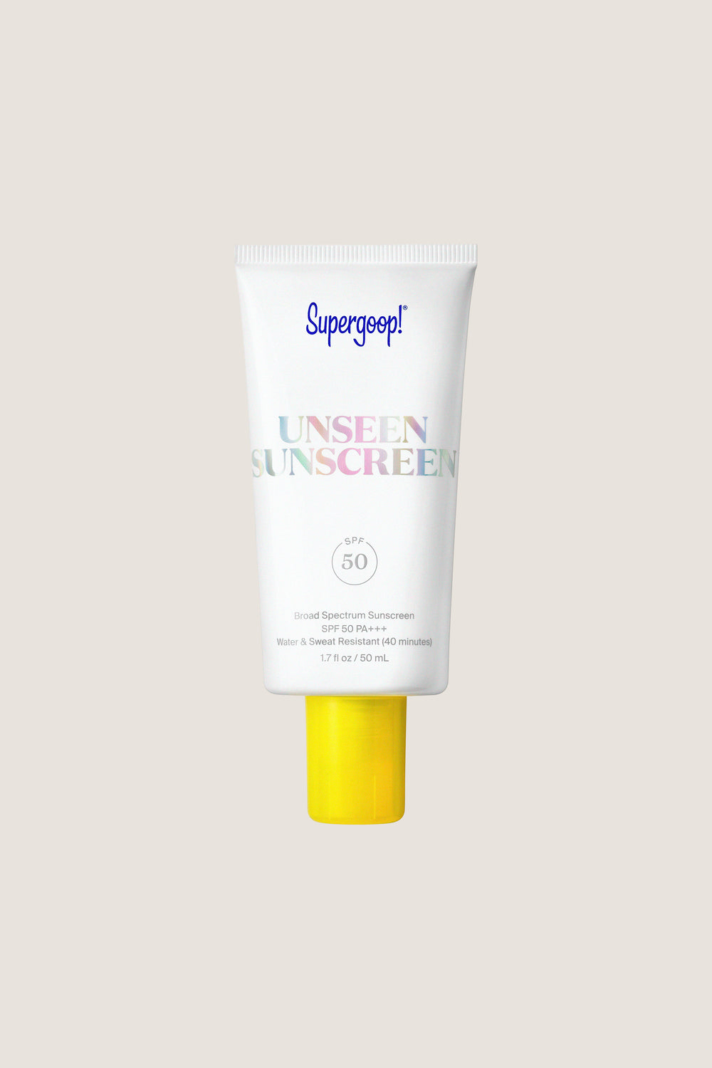 Unseen Sunscreen SPF 50 1.7 fl oz features a classic, high-end design with a bright yellow cap, offering effortless, fun protection and prepping skin for flawless makeup.