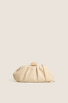 Natural Dorothea Clutch: A classic, high-end accessory with a woven texture, wooden half-moon clasp, and gold-tone chain, perfect for effortless and fun style.